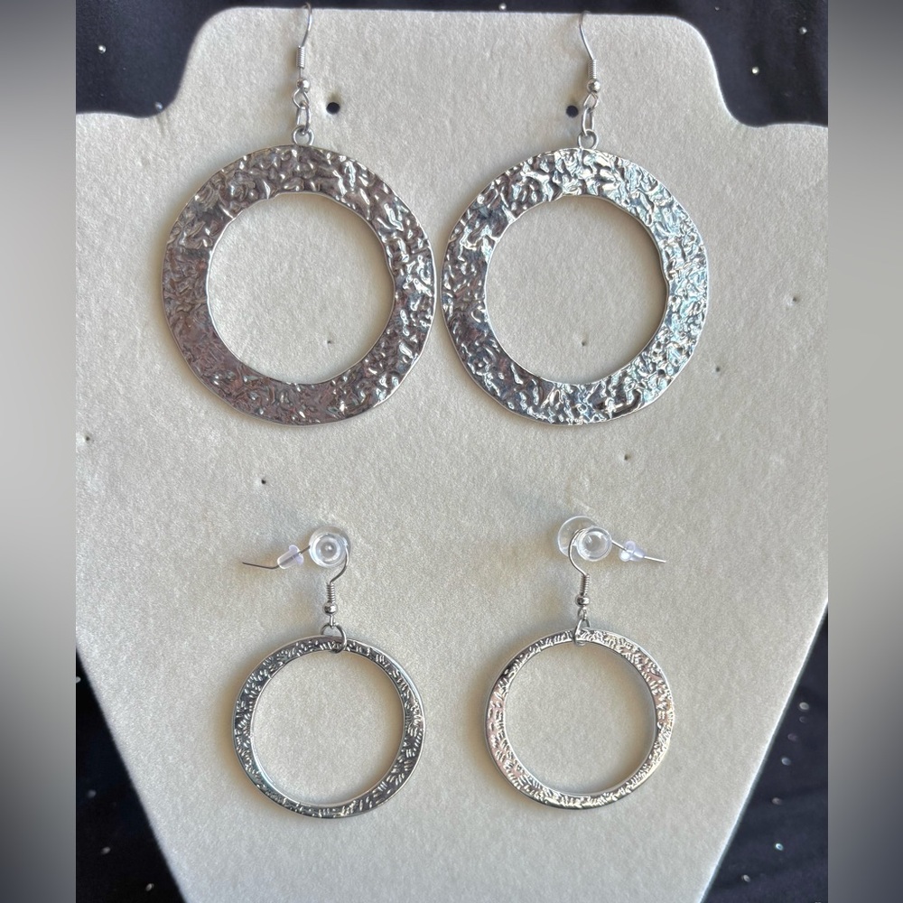 Silver Hammered Round Hoop Earrings